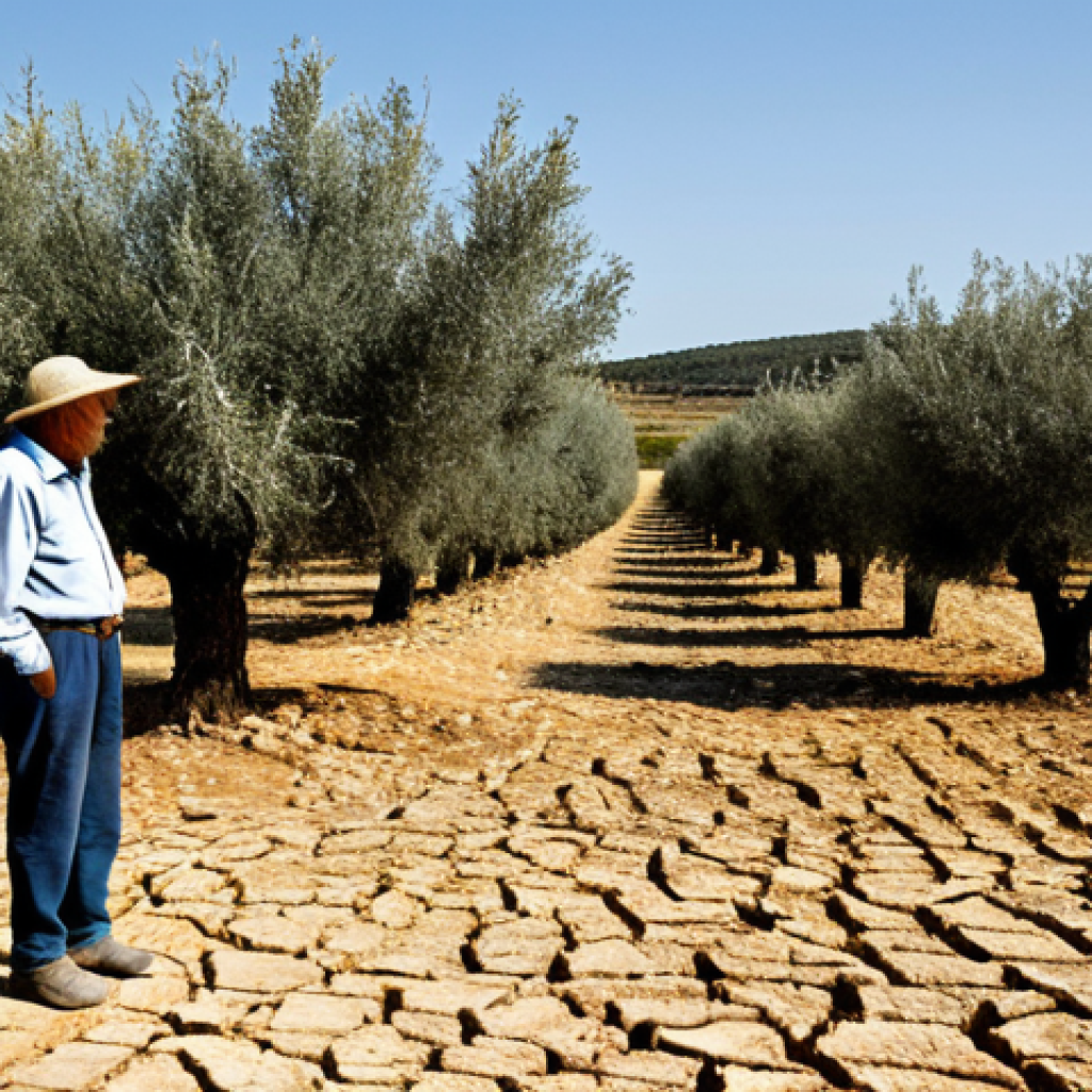 **A professional Portuguese farmer**, fully clothed in modest, practical work attire, stands contemplatively in a vast, parched olive grove in the Alentejo region, Portugal. The ground beneath his feet is cracked and dry, and the ancient olive trees show visible signs of severe drought, with withered leaves and sparse fruit. In the distant background, a large reservoir appears historically low, reflecting the intense, clear, and relentlessly sunny sky. The overall scene powerfully depicts the challenging impact of chronic drought on Portugal's agricultural landscape and local communities. Professional photography, high detail, realistic lighting, safe for work, appropriate content, fully clothed, modest, perfect anatomy, correct proportions, natural pose, well-formed hands, proper finger count, natural body proportions.