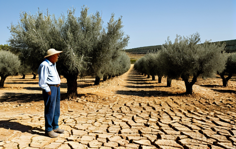 **A professional Portuguese farmer**, fully clothed in modest, practical work attire, stands contemplatively in a vast, parched olive grove in the Alentejo region, Portugal. The ground beneath his feet is cracked and dry, and the ancient olive trees show visible signs of severe drought, with withered leaves and sparse fruit. In the distant background, a large reservoir appears historically low, reflecting the intense, clear, and relentlessly sunny sky. The overall scene powerfully depicts the challenging impact of chronic drought on Portugal's agricultural landscape and local communities. Professional photography, high detail, realistic lighting, safe for work, appropriate content, fully clothed, modest, perfect anatomy, correct proportions, natural pose, well-formed hands, proper finger count, natural body proportions.