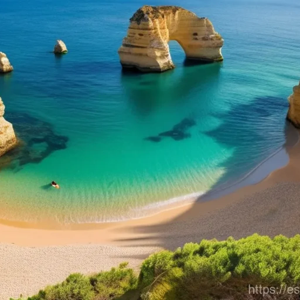 포르투갈 해안 절경 명소 - **Prompt:** A serene, hidden cove along the Algarve coast of Portugal, bathed in soft, warm morning ...