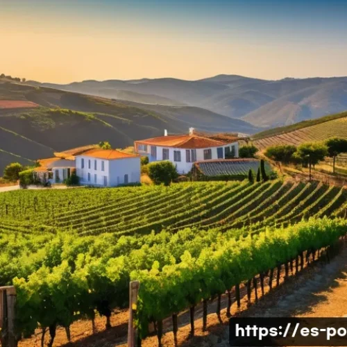 포르투갈의 유명한 포도주 생산지 - A scenic Portuguese vineyard landscape during golden hour, featuring rolling hills covered with lush...