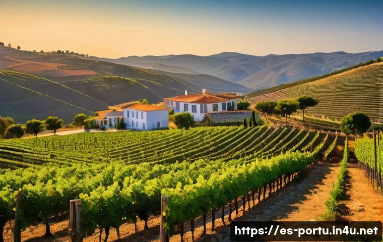 포르투갈의 유명한 포도주 생산지 - A scenic Portuguese vineyard landscape during golden hour, featuring rolling hills covered with lush...