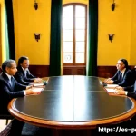 포르투갈과 브라질의 외교 관계 - Photorealistic diplomatic meeting between Portuguese and Brazilian officials in an elegant Lisbon go...