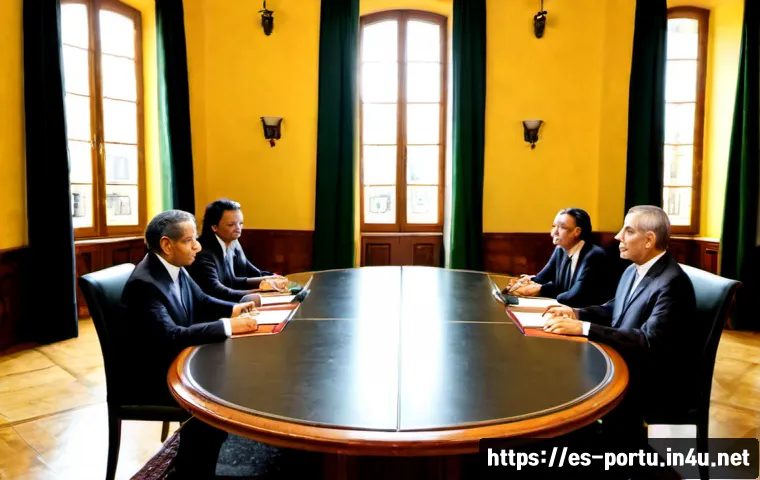 포르투갈과 브라질의 외교 관계 - Photorealistic diplomatic meeting between Portuguese and Brazilian officials in an elegant Lisbon go...
