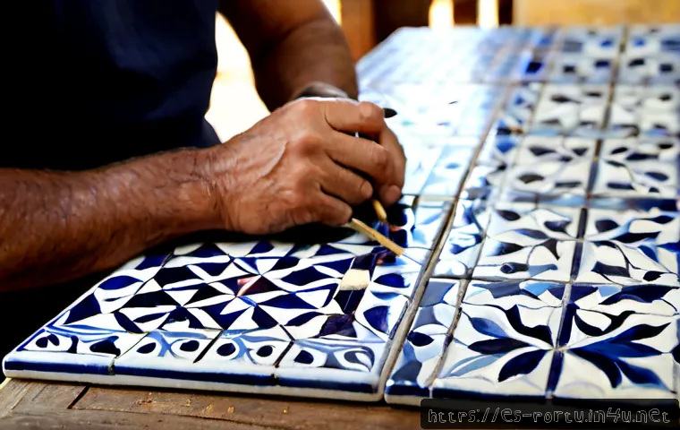 포르투갈의 전통적인 직업군 - Photorealistic Portuguese artisan hand-painting traditional blue-and-white ceramic tiles in a sunlit...