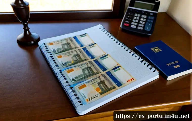 포르투갈 여행 예산 계획 - Photorealistic travel budget planning scene for a Portugal vacation, organized wooden desk with euro...