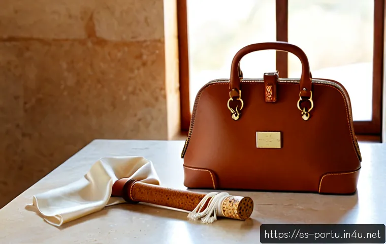 포르투갈 명품 브랜드 소개 - Photorealistic luxury still life featuring handcrafted Portuguese-inspired leather handbag, polished...