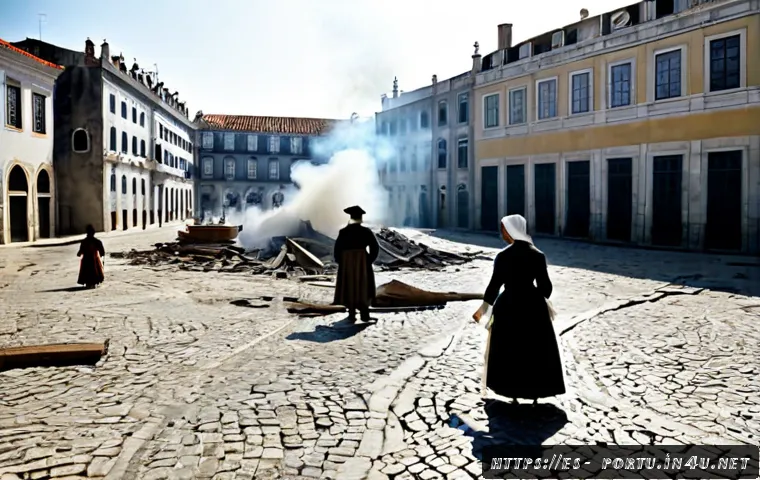 Home 17 포르투갈 여행 중 발생한 유명 사건 - Photorealistic historical reconstruction of the 1755 Lisbon earthquake aftermath, wide view of a dam...