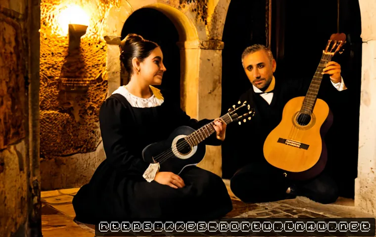Home 17 포르투갈 파두 음악 기원 - Photorealistic evening scene in Lisbon’s historic Alfama district, a solitary Portuguese fadista in ...